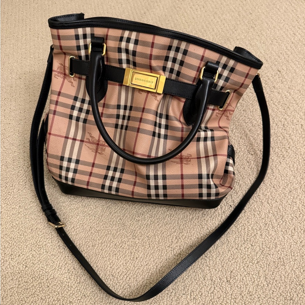 BURBERRY Haymarket Check Coated Canvas Medium Goldtone Tote Bag - Picture 5 of 16